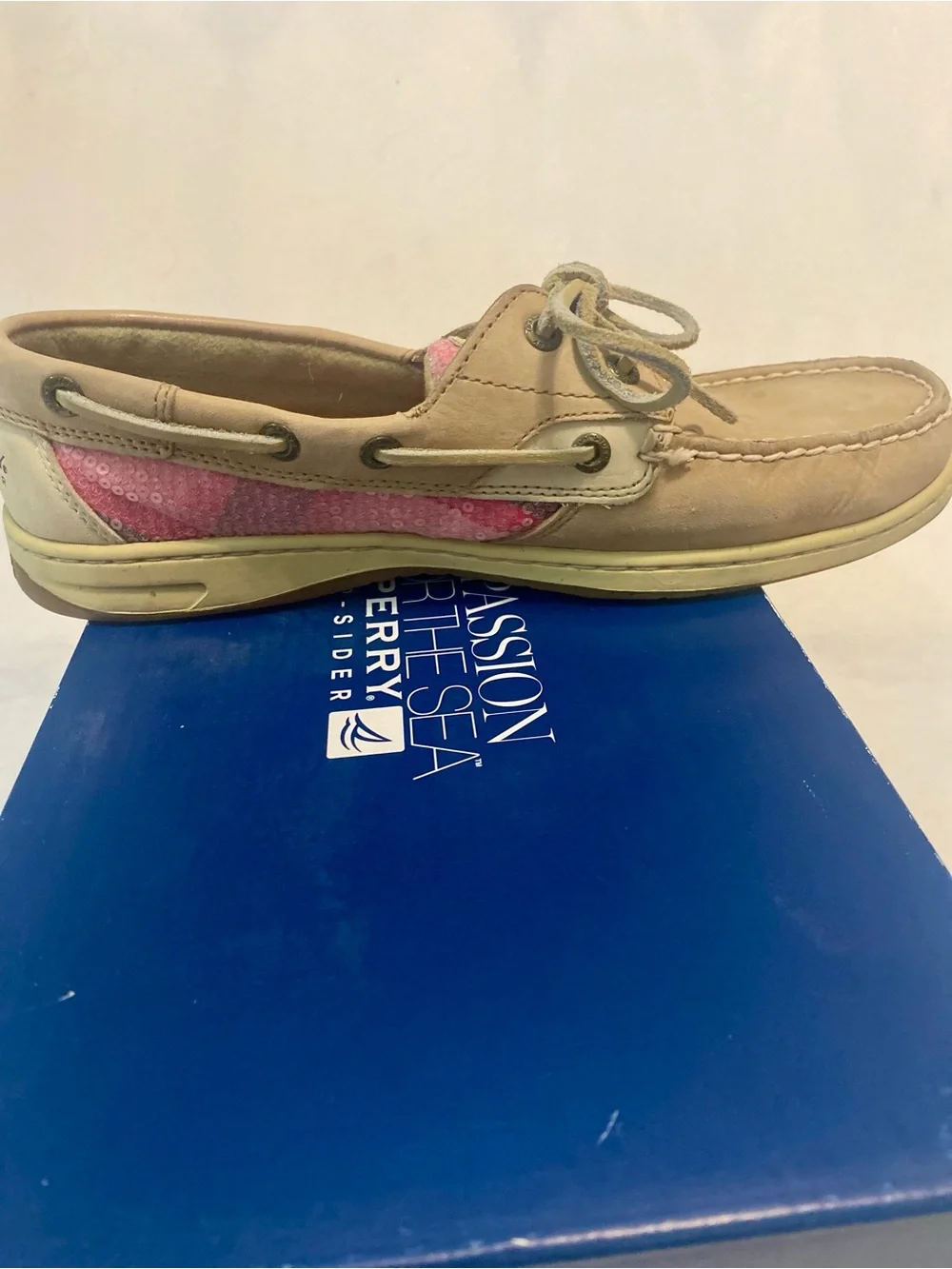 Sperry Bluefish Linen Rose Plaid Sequin Tan & Pink Leather Sequin Boat Shoes 9